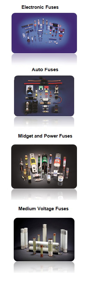 Circruit Protection Devices from top to bottom: Electronic Fuses, Auto Fuses, Midget and Power Fuses, and Medium Voltage Fuses